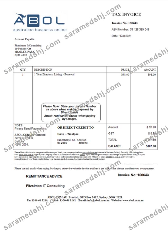 Australia ABOL marketing consultancy company invoice